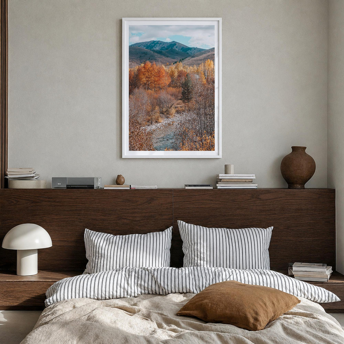 Sun Valley no. 1 colorful photo poster of Idaho, USA – vertical wall art in white wood frame with white border, hanging on wa