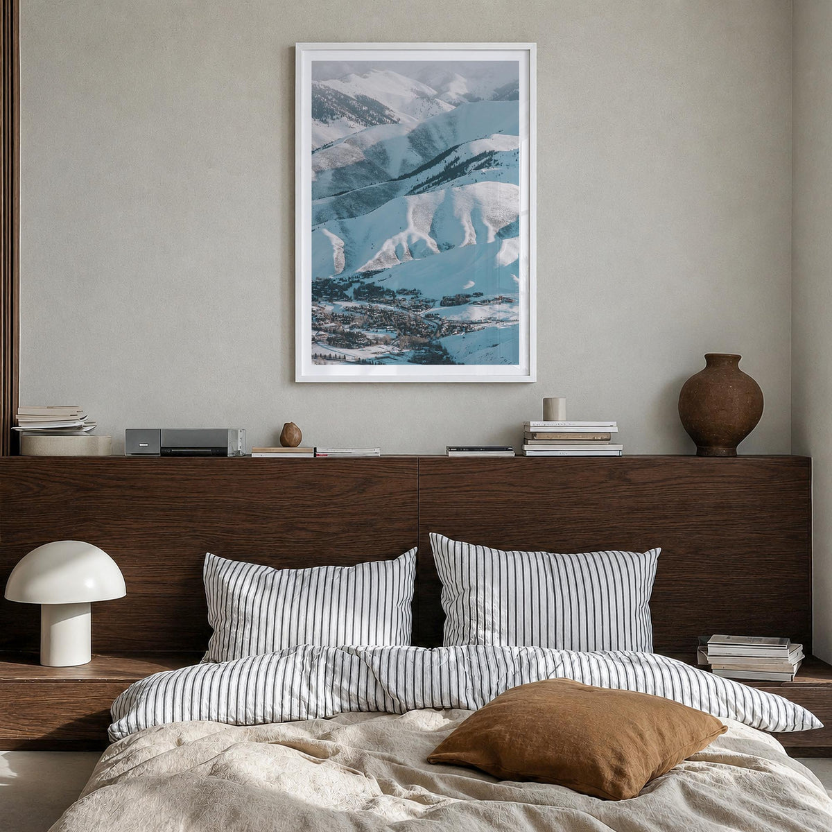 Sun Valley no. 2 colorful photo poster of Idaho, USA – vertical wall art in white wood frame with white border, hanging on wa