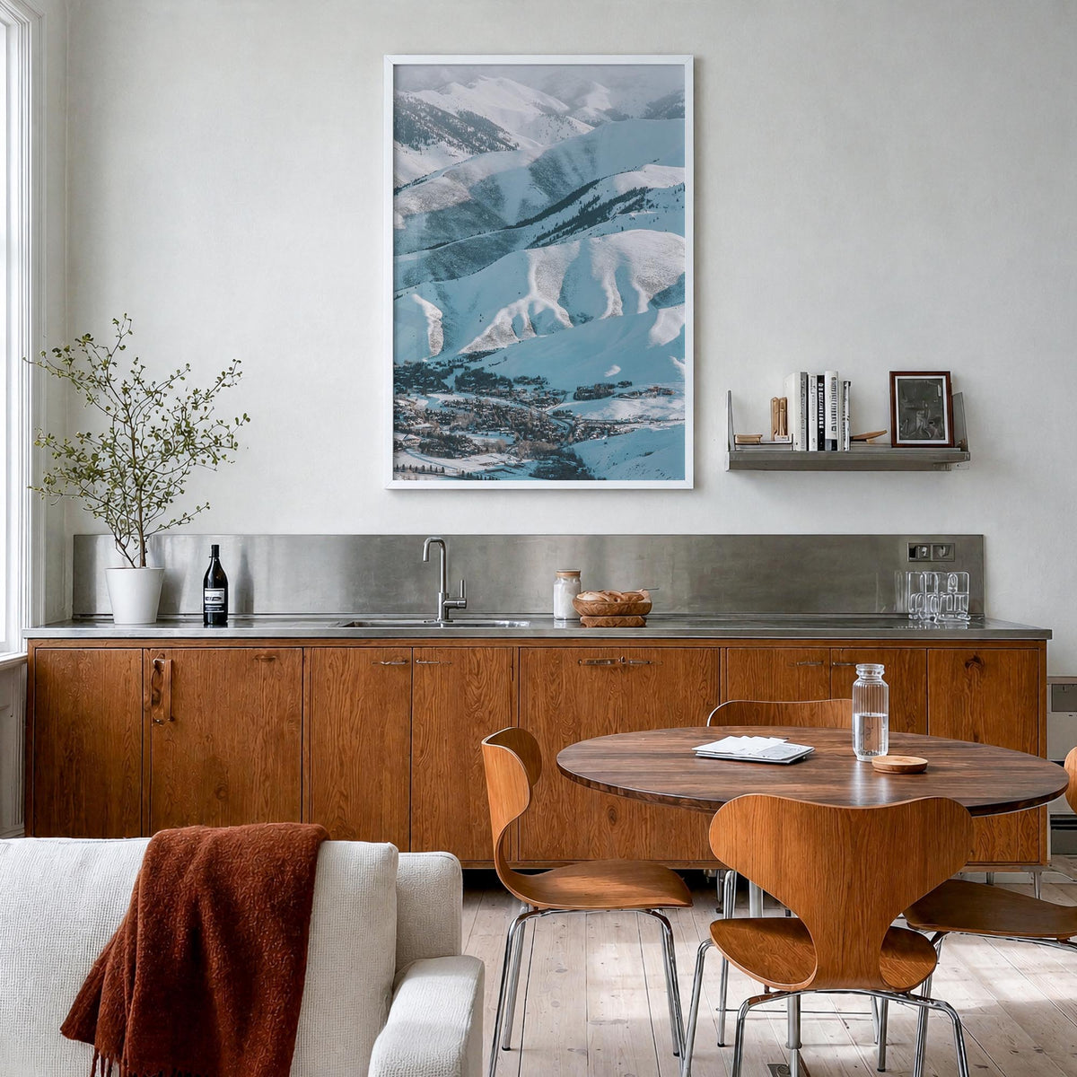 Sun Valley no. 2 colorful photo poster of Idaho, USA – vertical wall art in white wood frame, hanging on wall