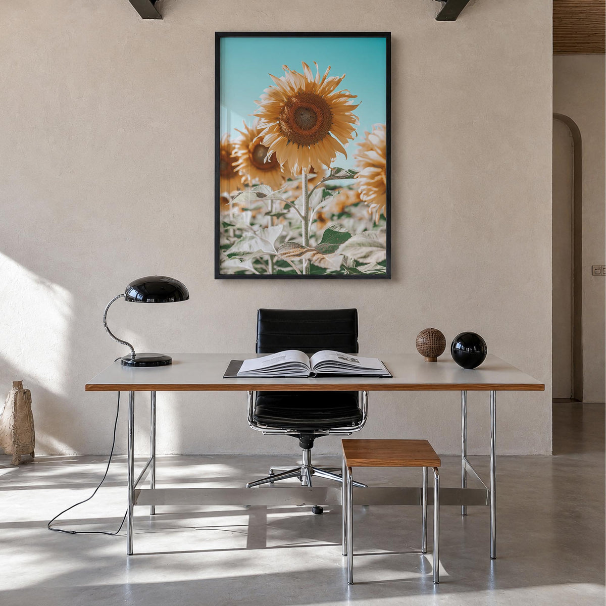 Sunflower Blue Sky colorful photo poster – vertical wall art in black wood frame, hanging on wall