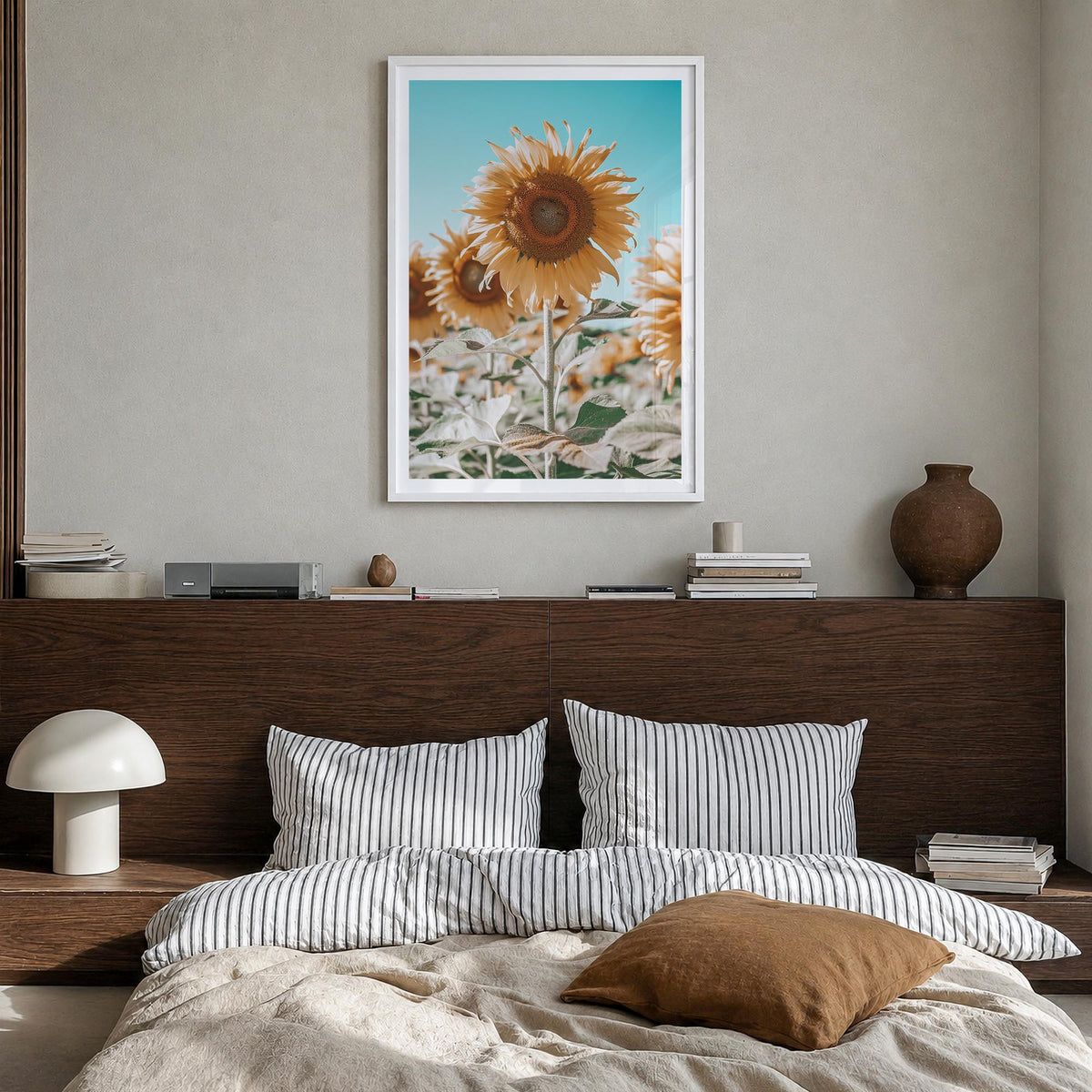 Sunflower Blue Sky colorful photo poster – vertical wall art in white wood frame with white border, hanging on wall