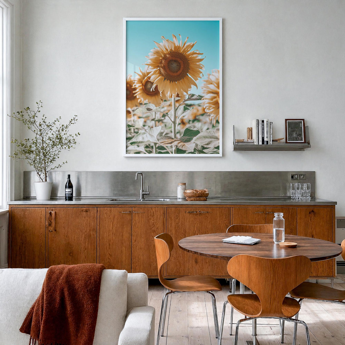 Sunflower Blue Sky colorful photo poster – vertical wall art in white wood frame, hanging on wall