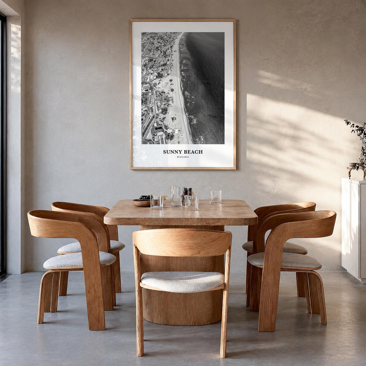 Sunny Beach black & white classic poster of Bulgaria – vertical wall art in natural wood frame, hanging on wall