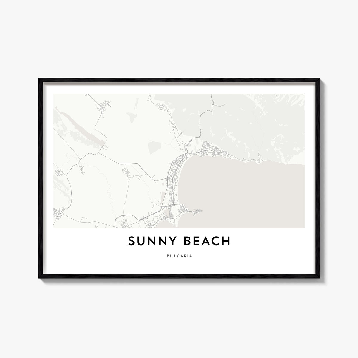 Sunny Beach black & white map poster of Bulgaria – horizontal wall art, unframed print shown in interior mockup