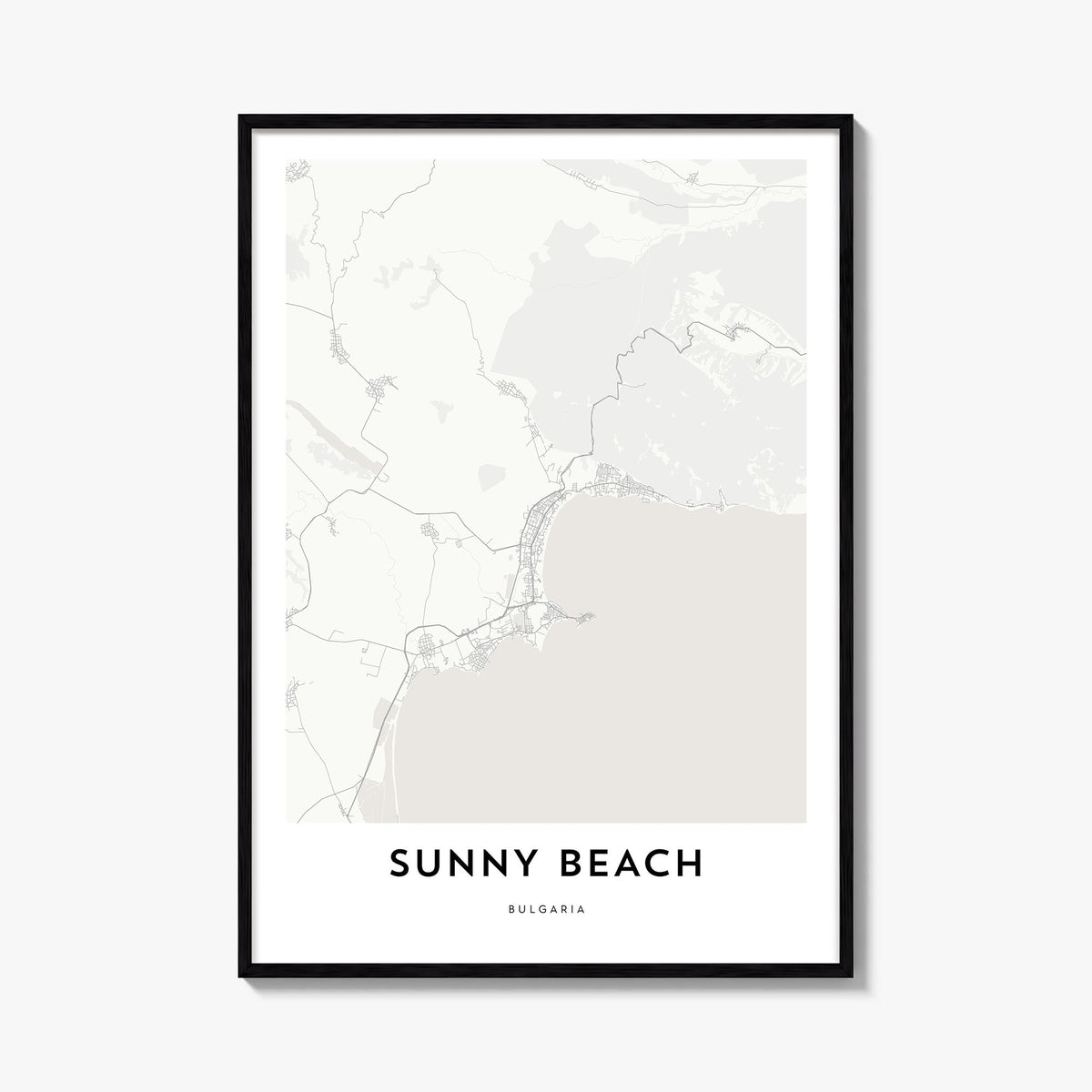 Sunny Beach black & white map poster of Bulgaria – vertical wall art, unframed print shown in interior mockup