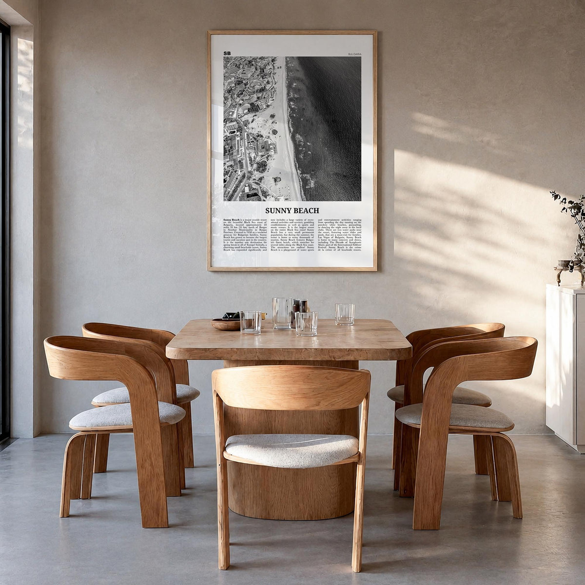 Sunny Beach black & white newspaper poster of Bulgaria – vertical wall art in natural wood frame, hanging on wall