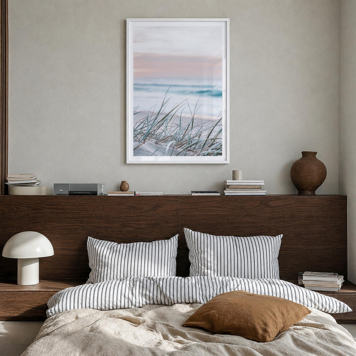 Sunrise Beach colorful photo poster – vertical wall art in white wood frame with white border, hanging on wall