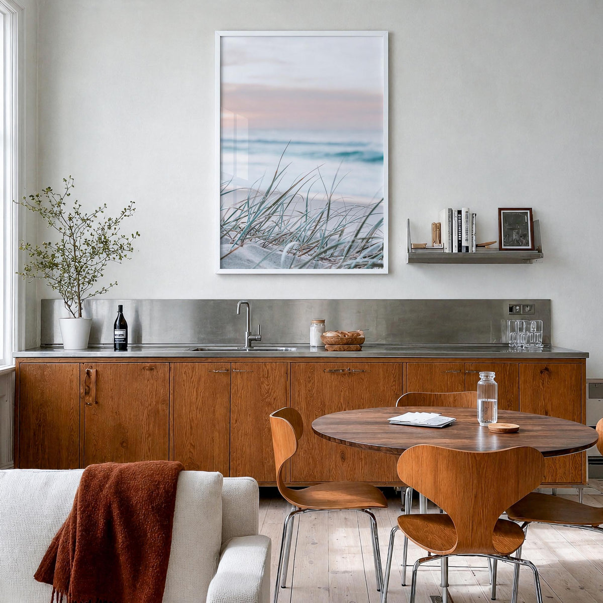 Sunrise Beach colorful photo poster – vertical wall art in white wood frame, hanging on wall