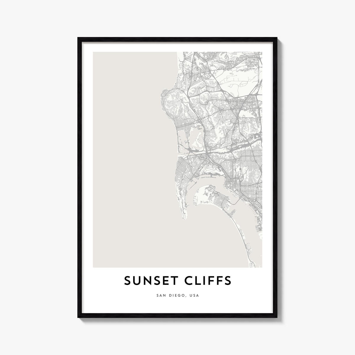 Sunset Cliffs black & white map poster of San Diego, California – vertical wall art, unframed print shown in interior mockup