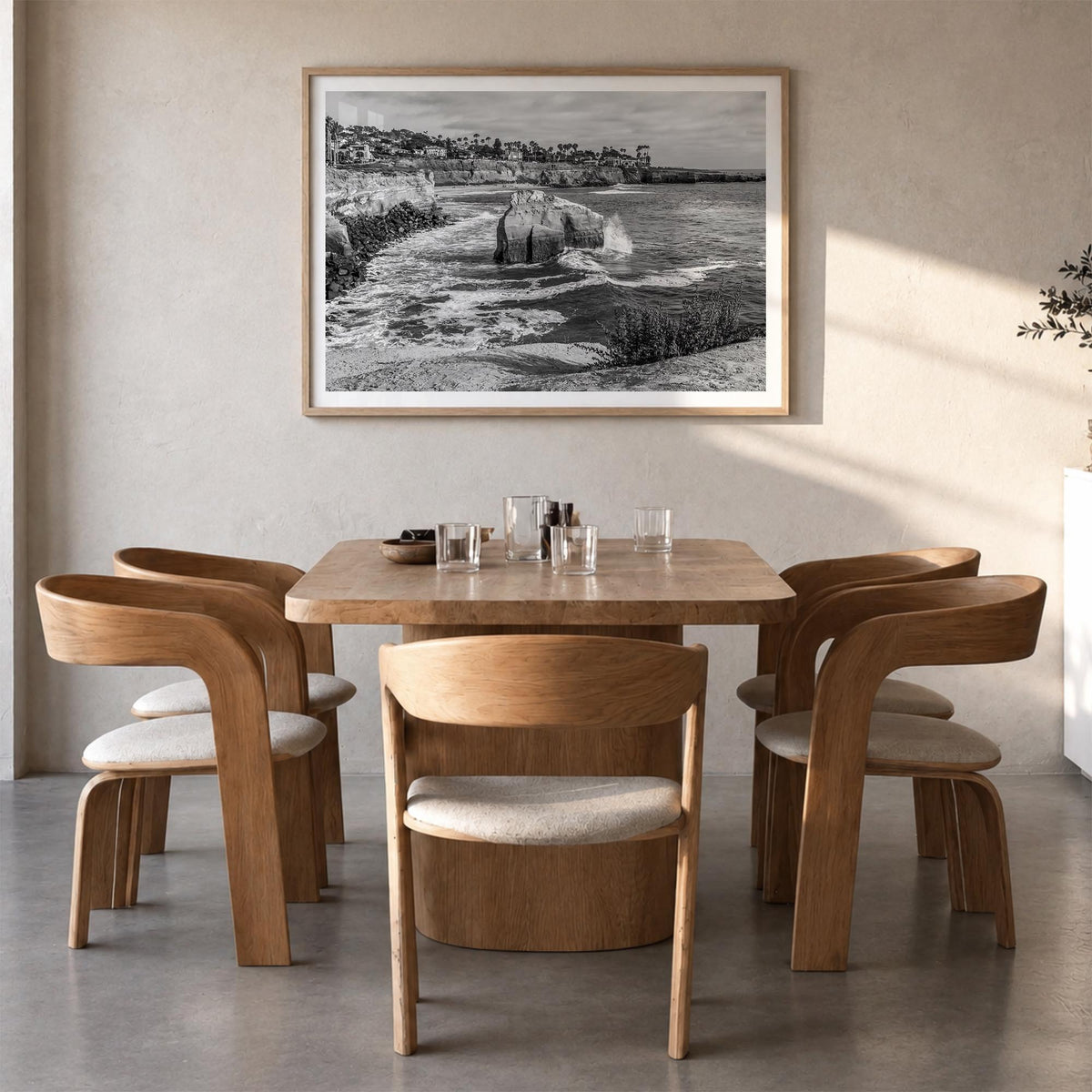 Sunset Cliffs black & white photo poster of San Diego, California – horizontal wall art in natural wood frame with white bord