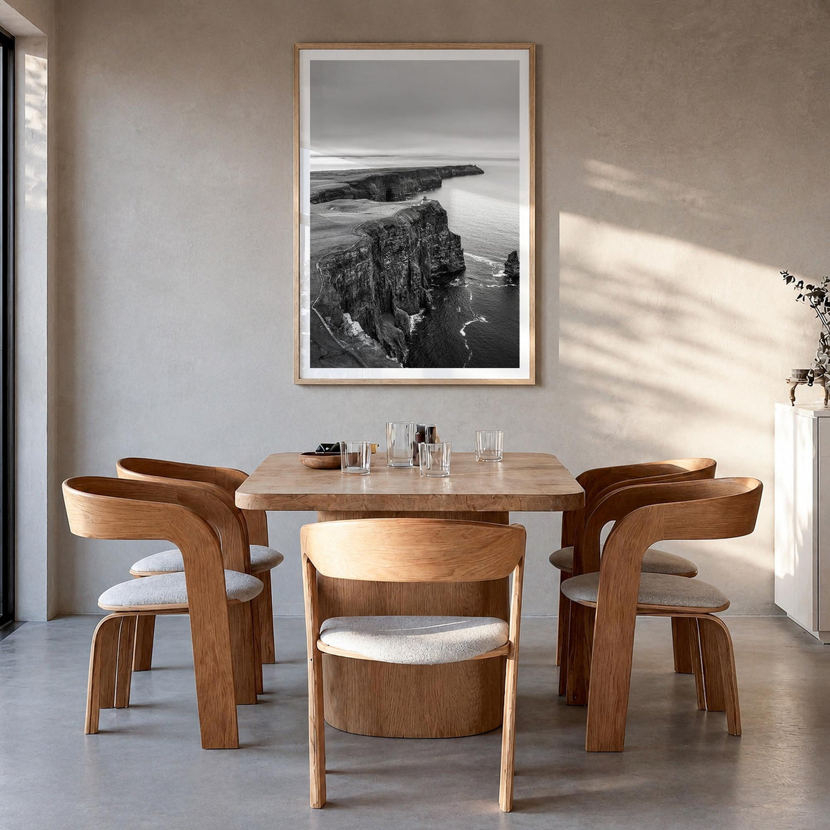 Sunset Cliffs black & white photo poster of San Diego, California – vertical wall art in natural wood frame with white border