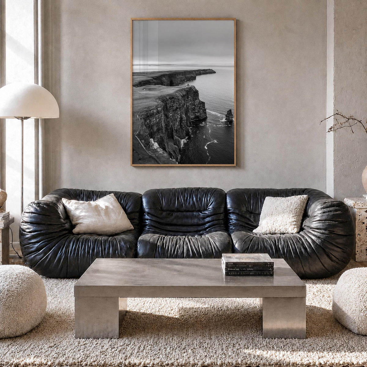 Sunset Cliffs black & white photo poster of San Diego, California – vertical wall art in natural wood frame, hanging on wall