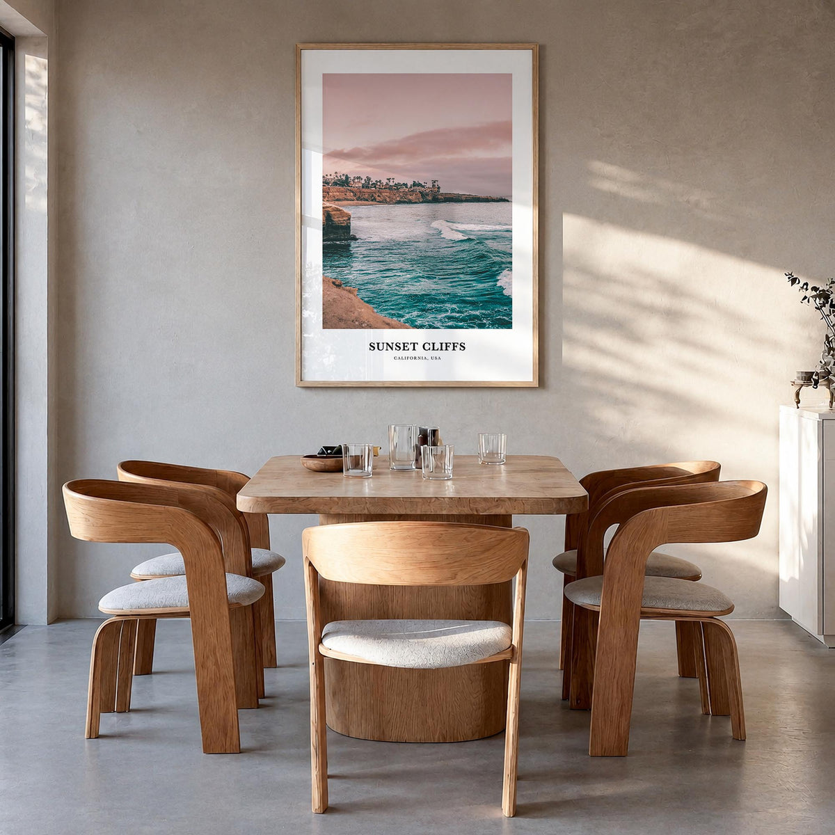 Sunset Cliffs colorful classic poster of San Diego, California – vertical wall art in natural wood frame, hanging on wall
