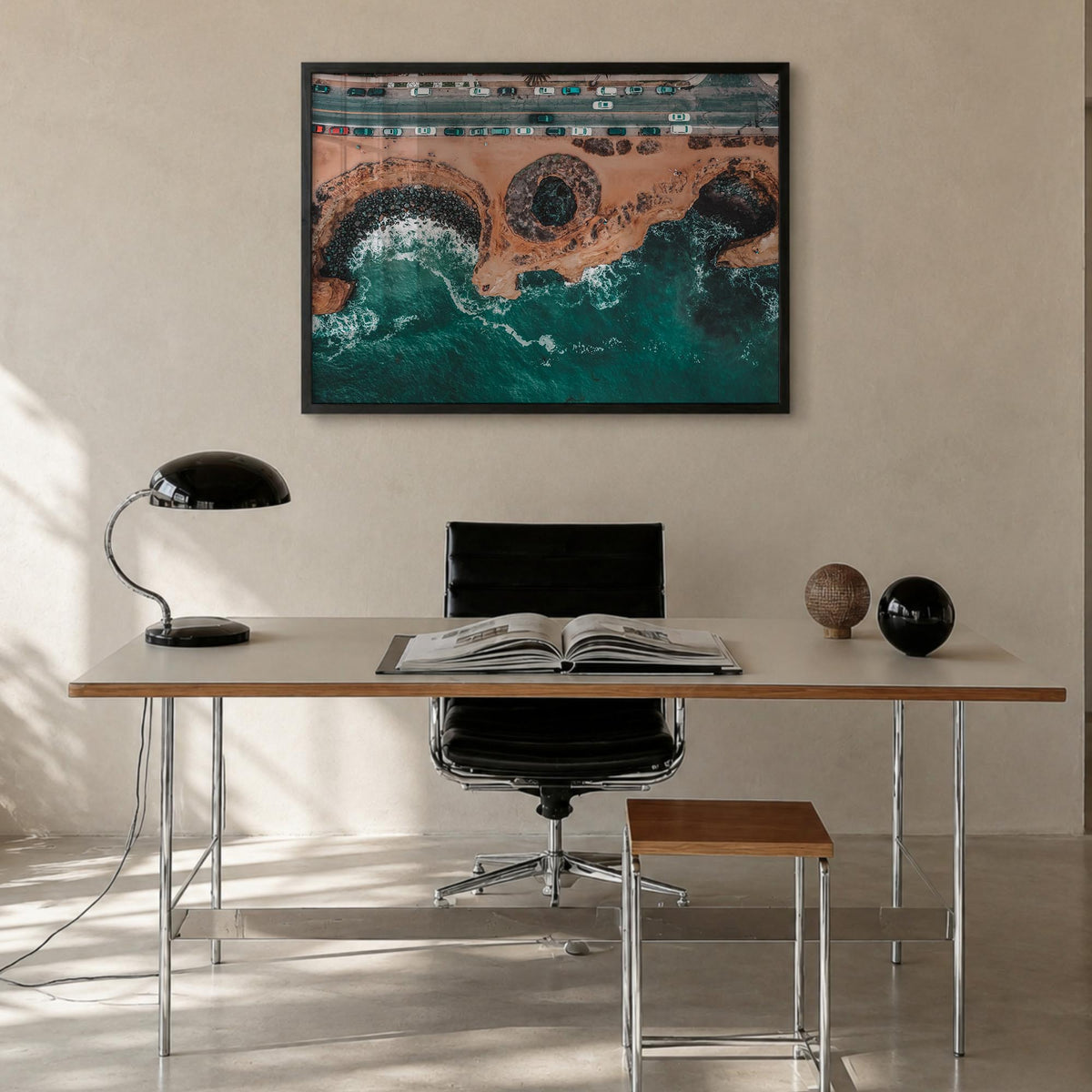 Sunset Cliffs colorful photo poster of San Diego, California – horizontal wall art in black wood frame, hanging on wall