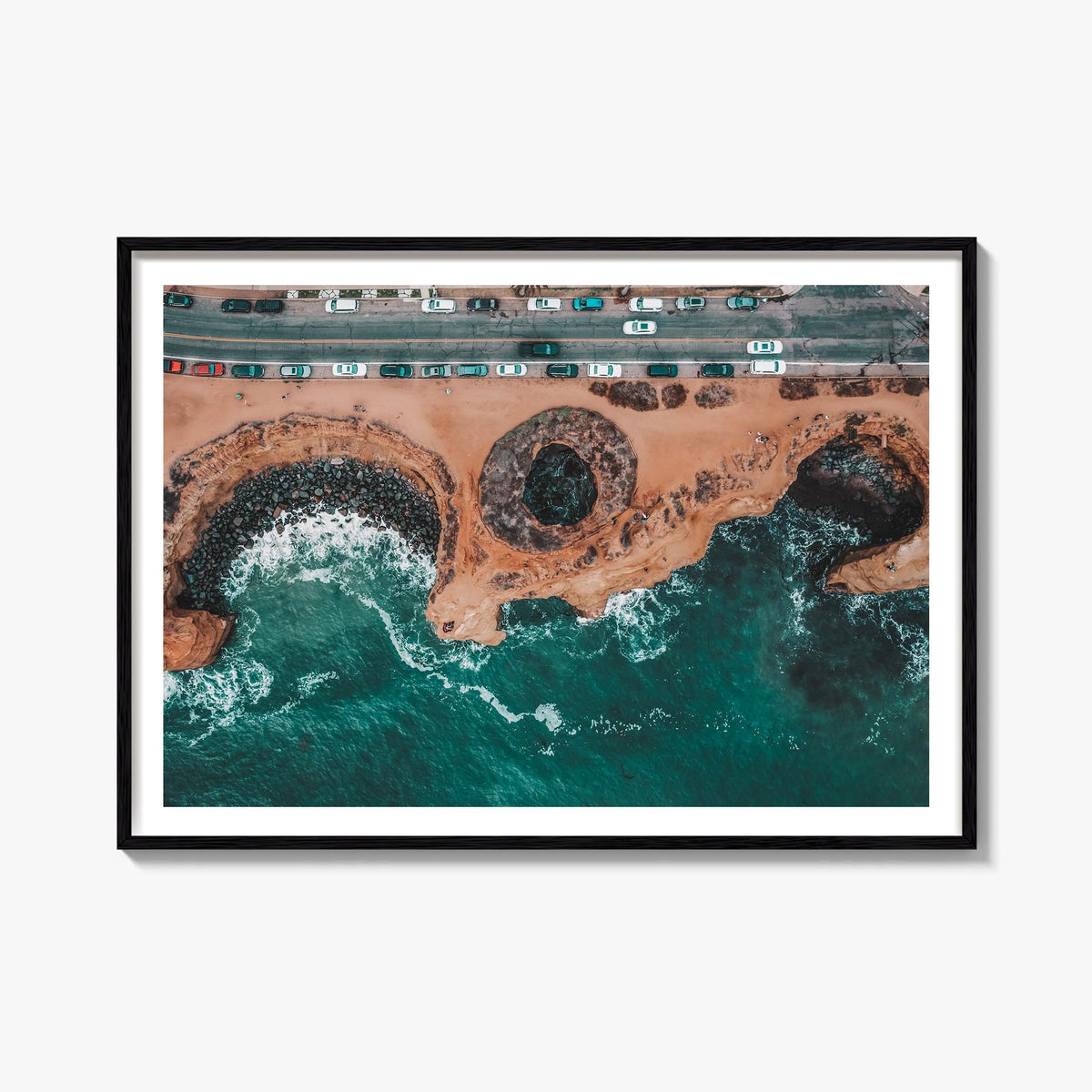 Sunset Cliffs colorful photo poster of San Diego, California – horizontal wall art, unframed print shown in interior mockup
