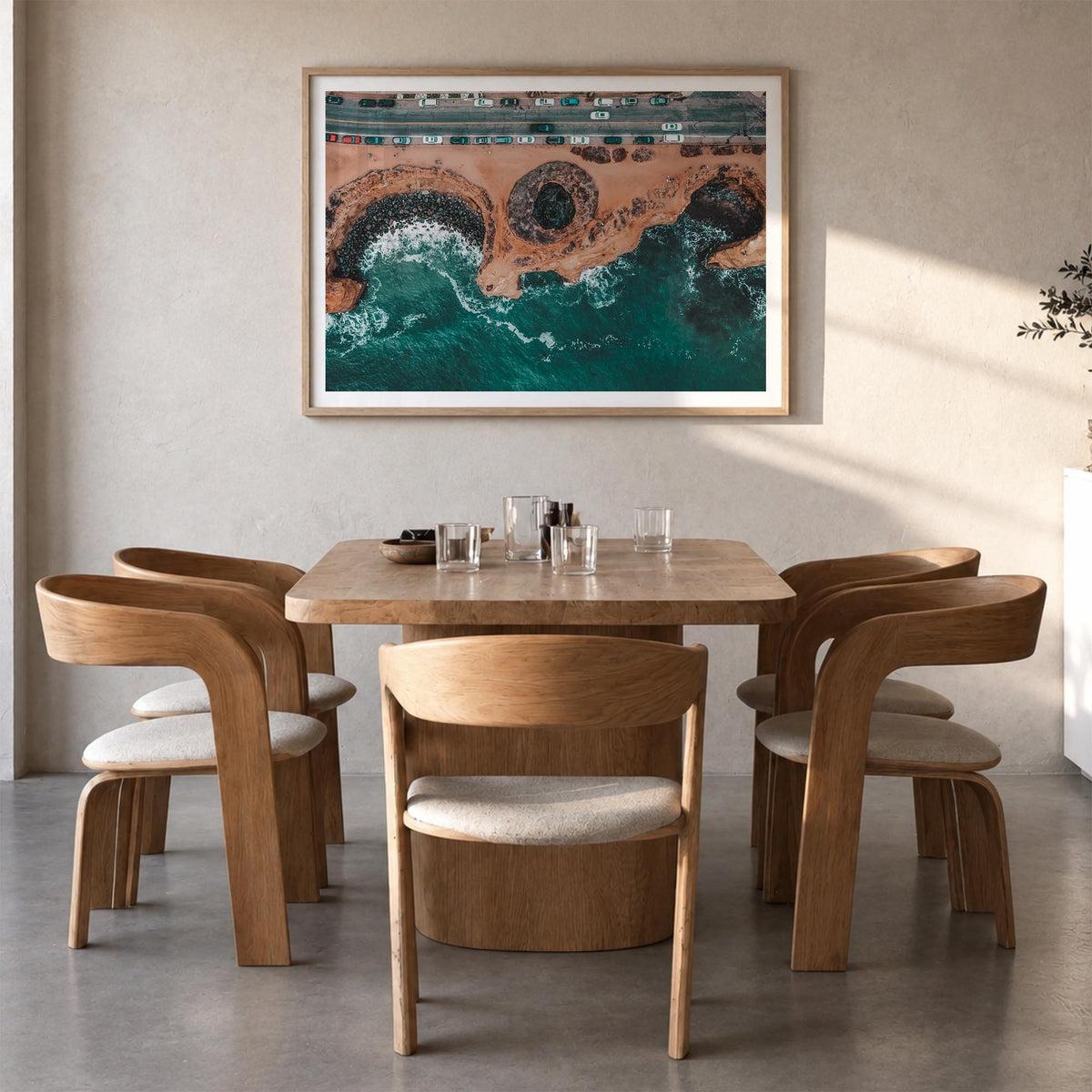 Sunset Cliffs colorful photo poster of San Diego, California – horizontal wall art in natural wood frame with white border, h
