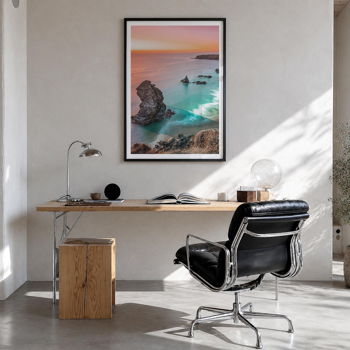 Sunset Cliffs no. 1 colorful photo poster of San Diego, California – vertical wall art in black wood frame with white border,