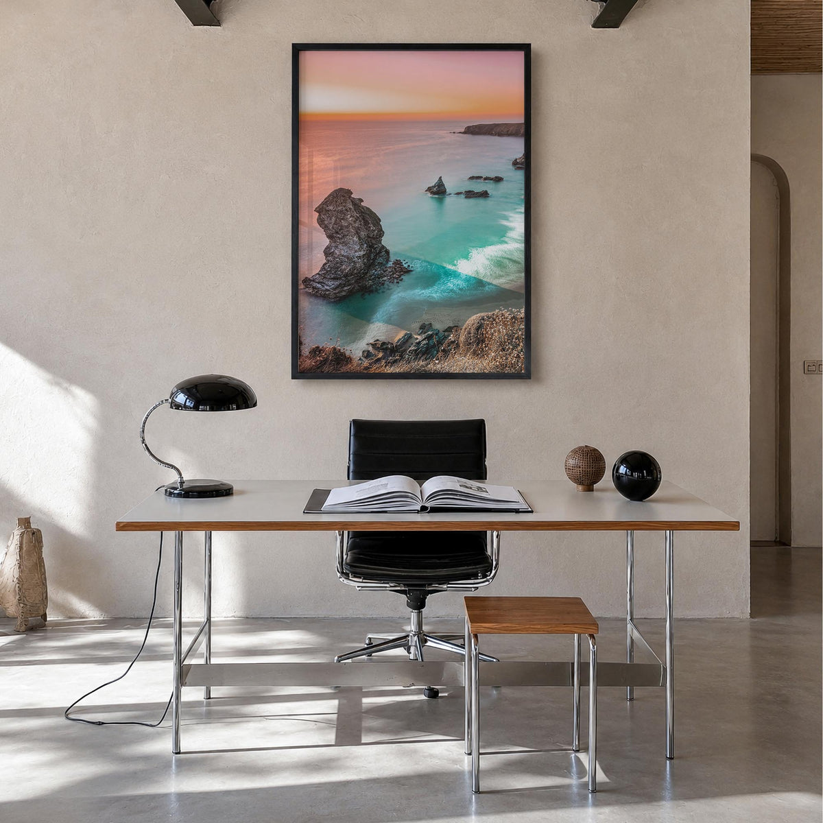Sunset Cliffs no. 1 colorful photo poster of San Diego, California – vertical wall art in black wood frame, hanging on wall