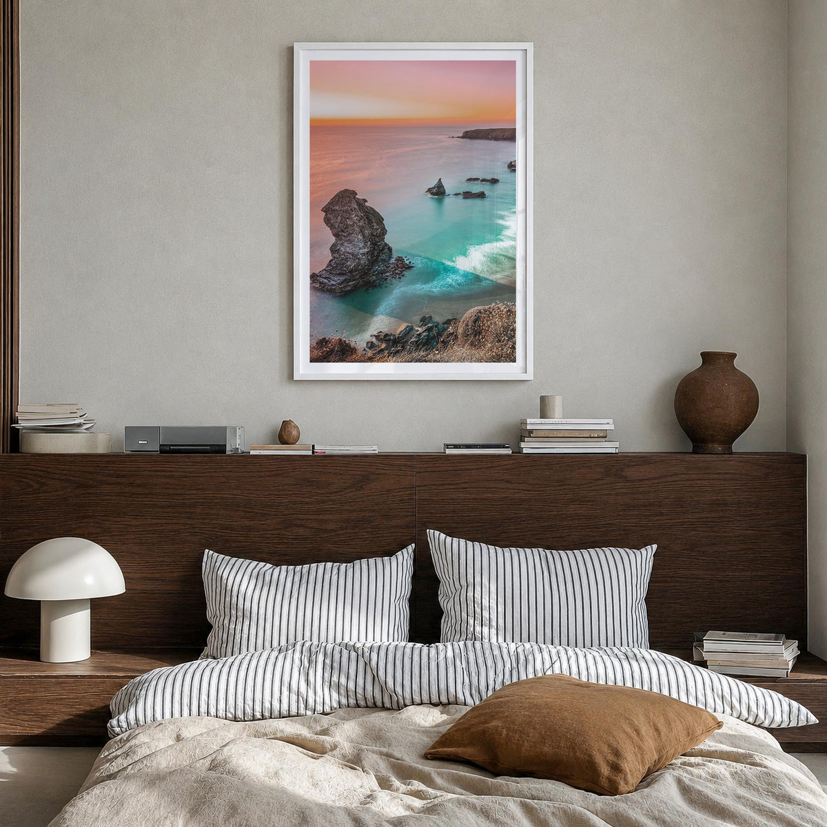 Sunset Cliffs no. 1 colorful photo poster of San Diego, California – vertical wall art in white wood frame with white border,