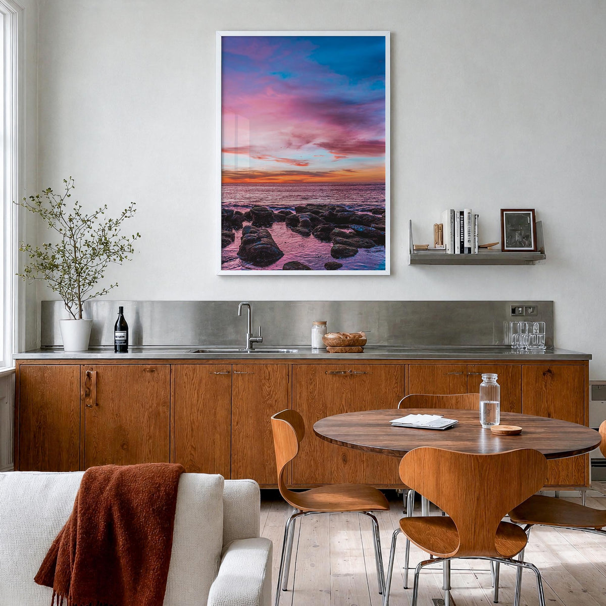 Sunset Cliffs no. 2 colorful photo poster of San Diego, California – vertical wall art in white wood frame, hanging on wall