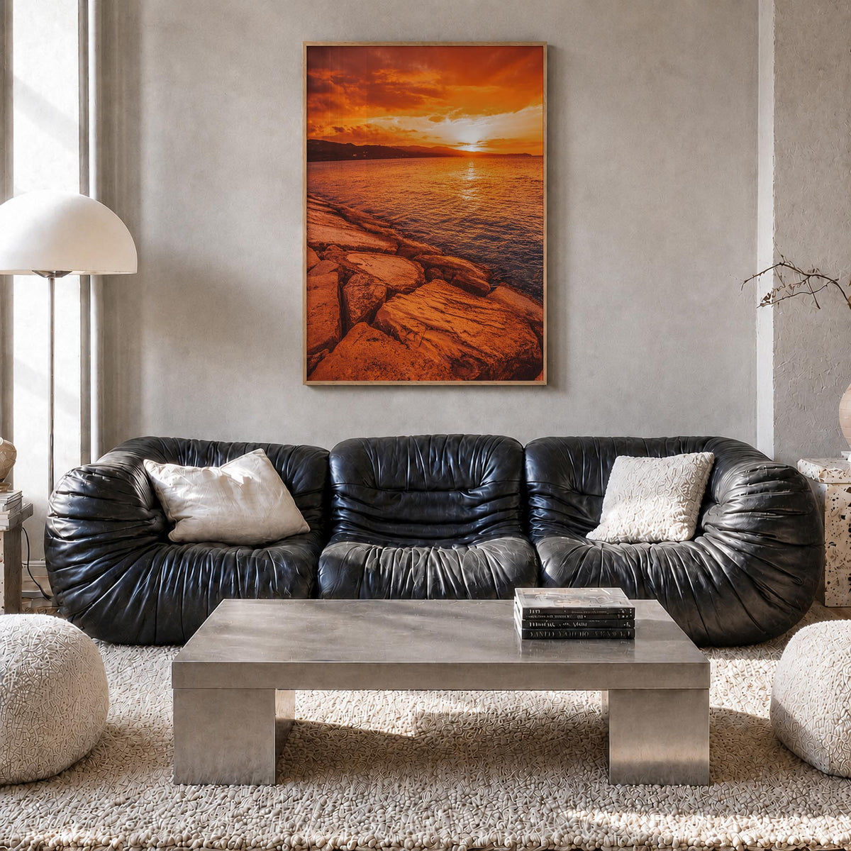 Sunset Coast colorful photo poster – vertical wall art in natural wood frame, hanging on wall