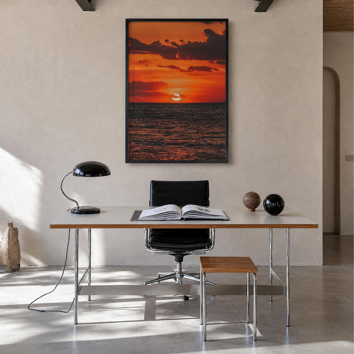 Sunset Ocean no. 2 colorful photo poster – vertical wall art in black wood frame, hanging on wall