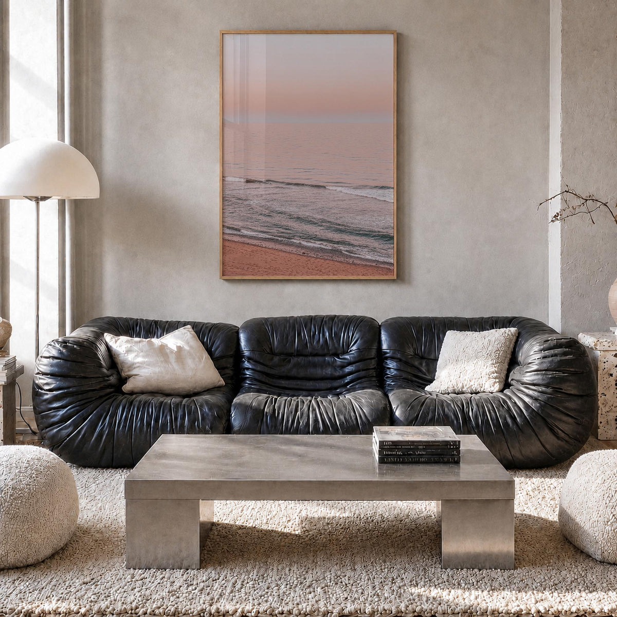 Sunset Waves no. 2 colorful photo poster – vertical wall art in natural wood frame, hanging on wall