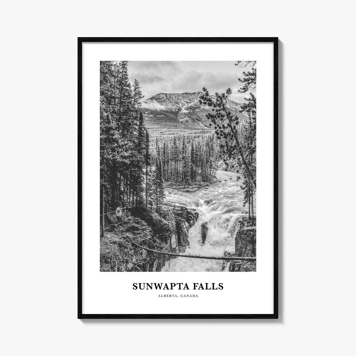 Sunwapta Falls black & white classic poster of Canada – vertical wall art, unframed print shown in interior mockup