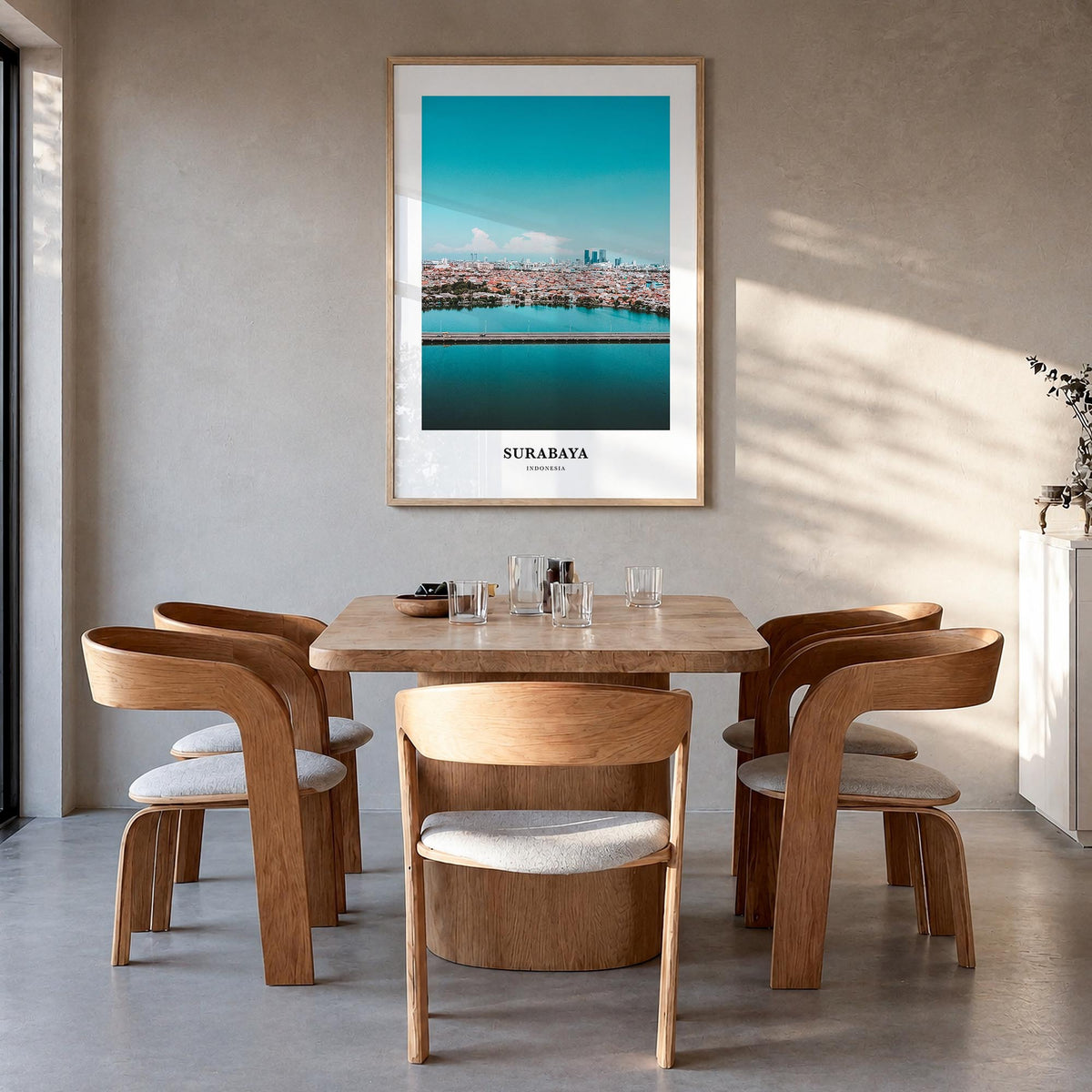 Surabaya colorful classic poster of Indonesia – vertical wall art in natural wood frame, hanging on wall