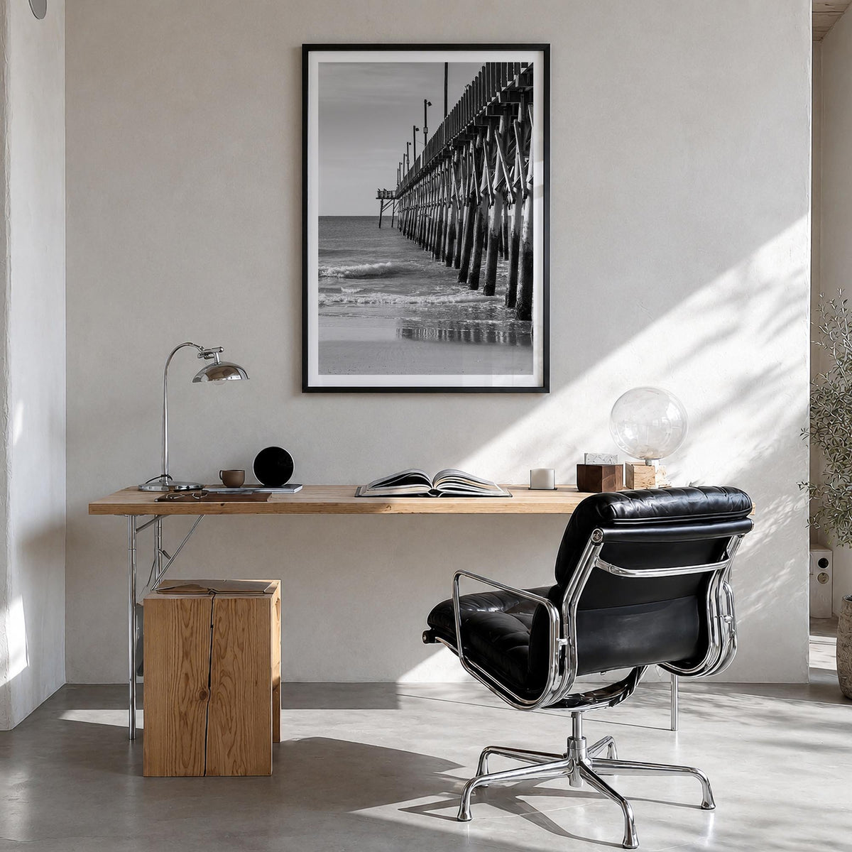 Surf City black & white photo poster of North Carolina, USA – vertical wall art in black wood frame with white border, hangin