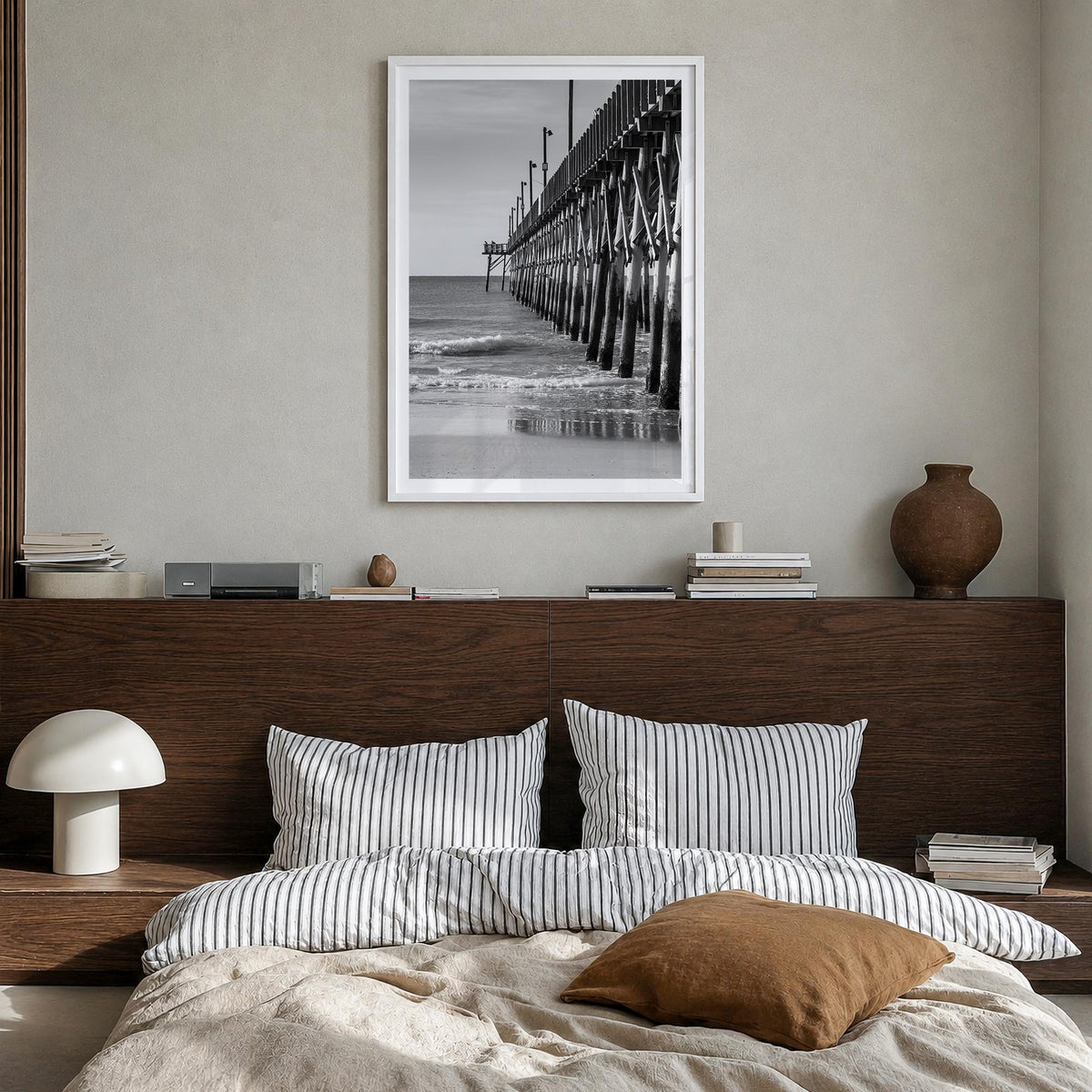Surf City black & white photo poster of North Carolina, USA – vertical wall art in white wood frame with white border, hangin
