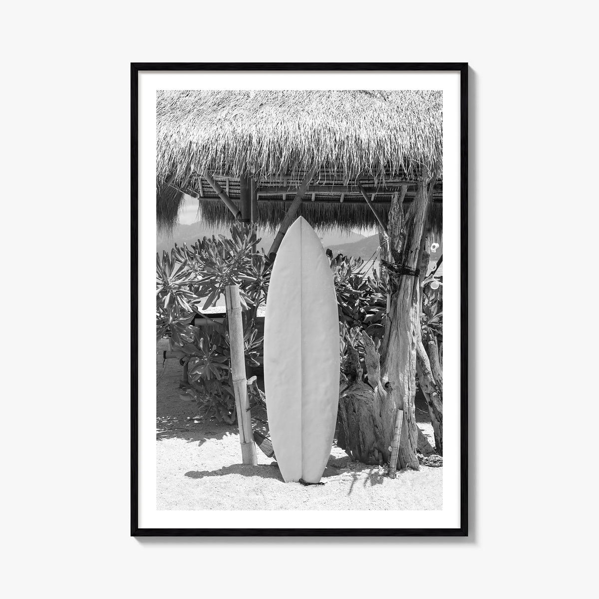 Surfboard no. 1 black & white photo poster – vertical wall art, unframed print shown in interior mockup