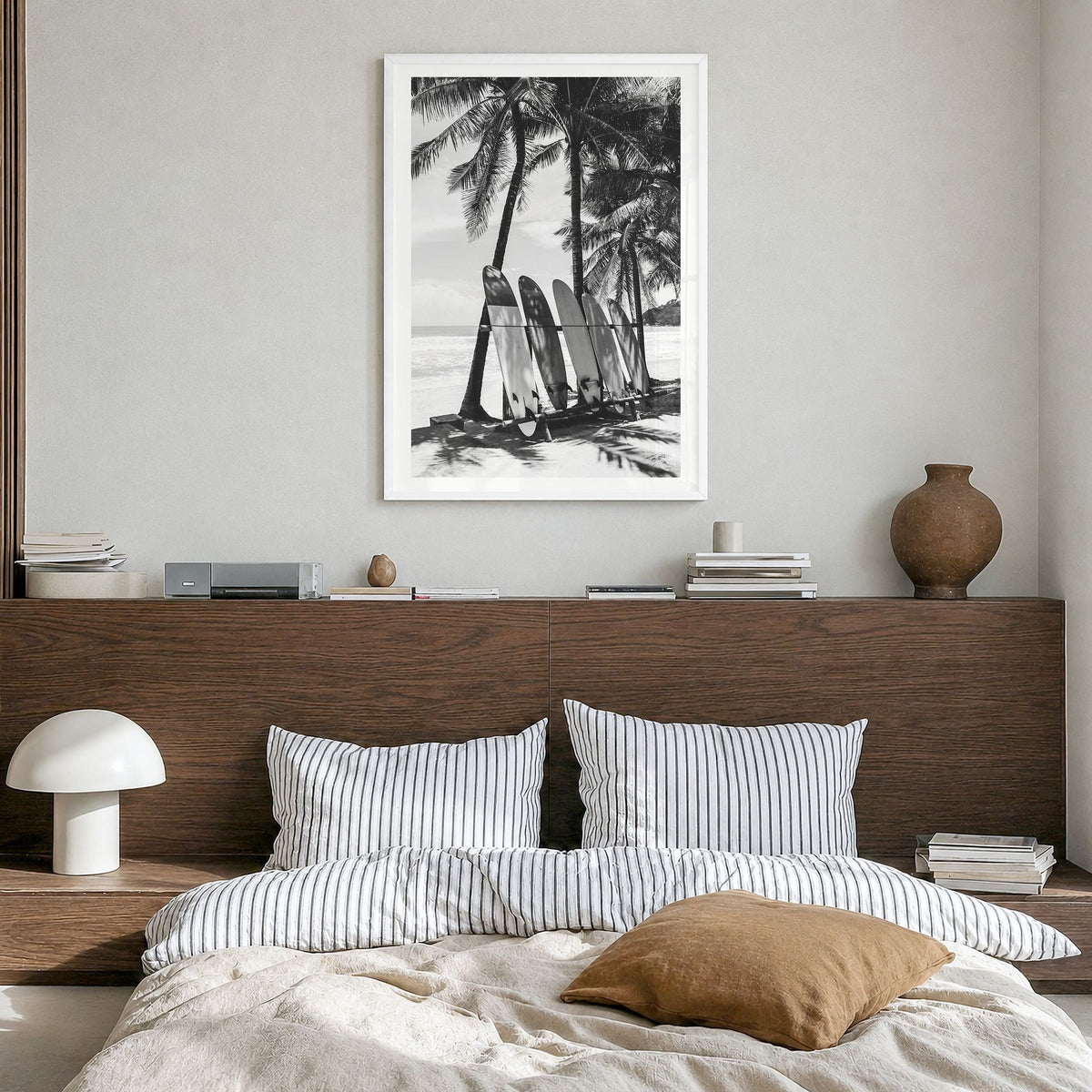 Surfboard Photo No 2 Poster in a white wood frame, hanging in a bedroom, white border