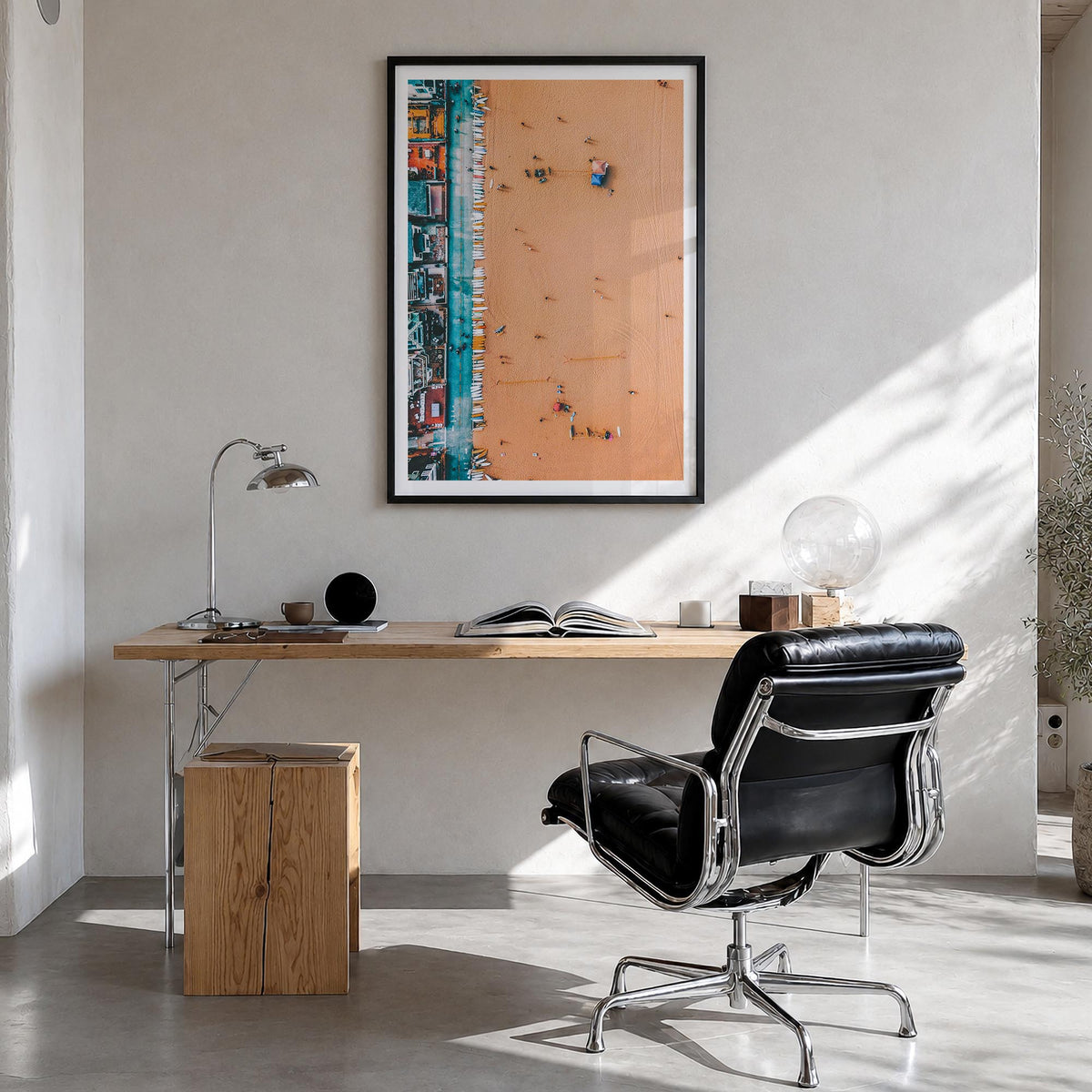 Surfboards no. 2 colorful photo poster – vertical wall art in black wood frame with white border, hanging on wall