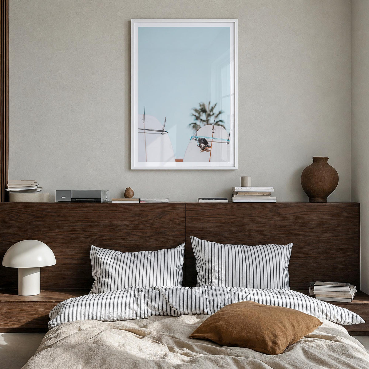 Surfboards no. 3 colorful photo poster – vertical wall art in white wood frame with white border, hanging on wall
