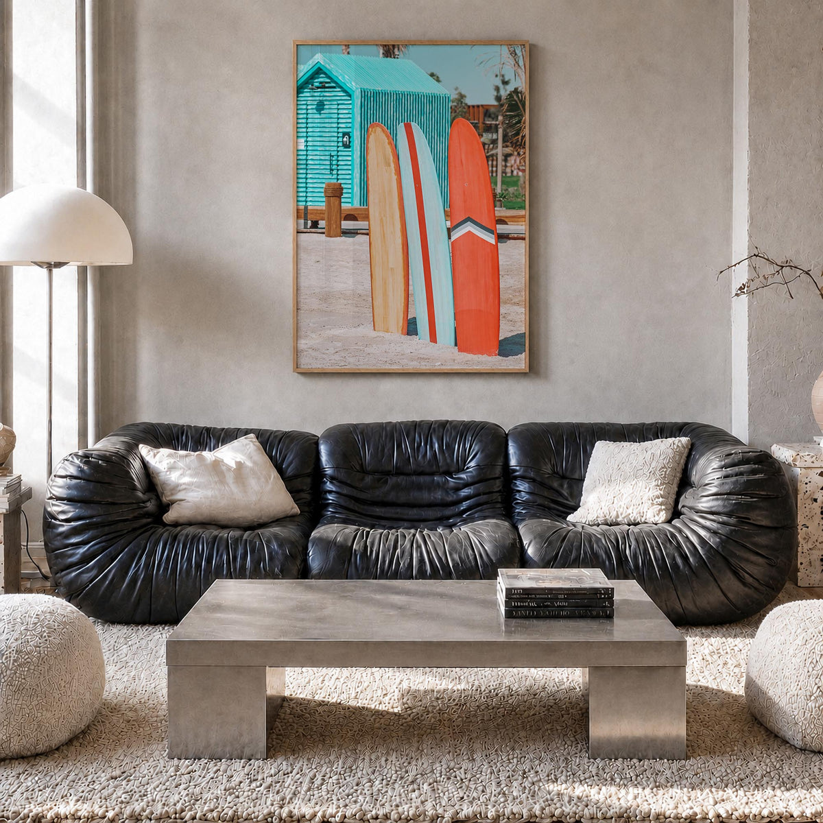 Surfboards no. 5 colorful photo poster – vertical wall art in natural wood frame, hanging on wall