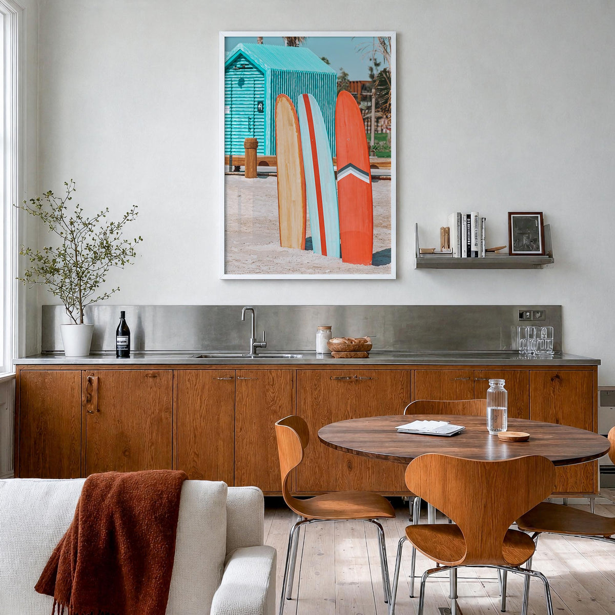 Surfboards no. 5 colorful photo poster – vertical wall art in white wood frame, hanging on wall