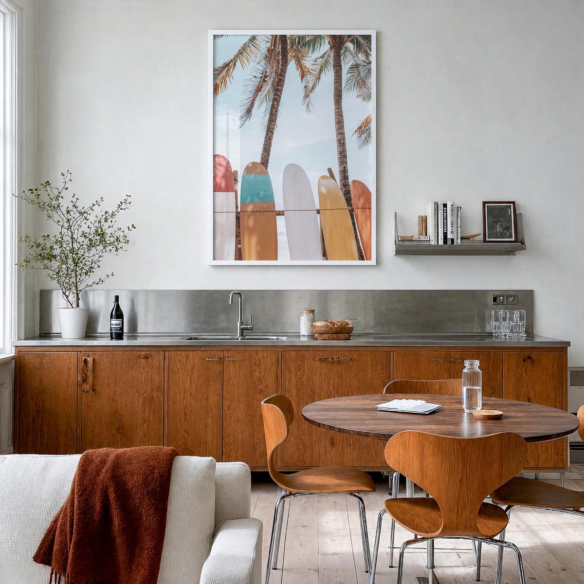 Surfboards no. 6 colorful photo poster – vertical wall art in white wood frame, hanging on wall
