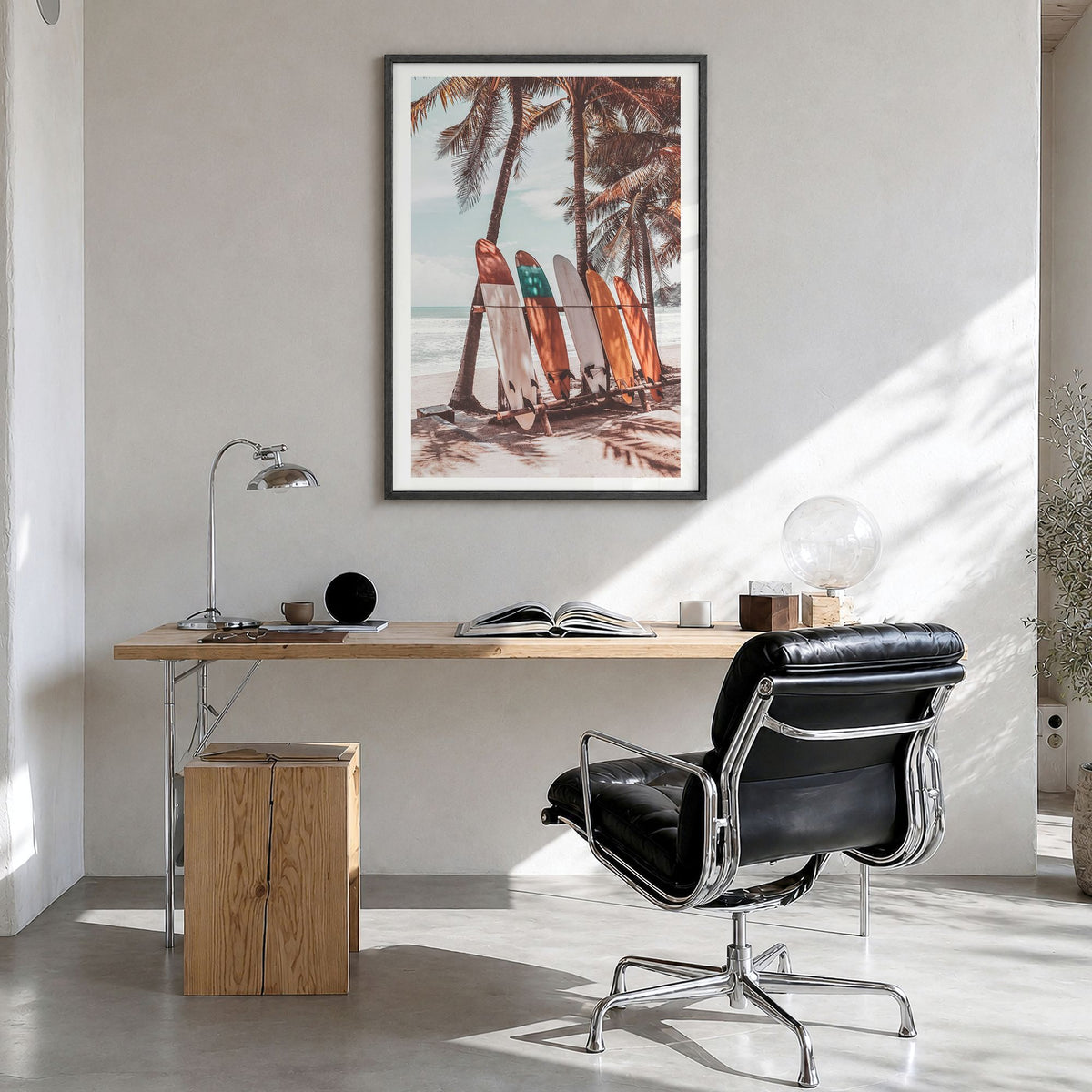 Surfboards Photo No 4 Poster in a black wood frame, hanging in a bright home office, white border