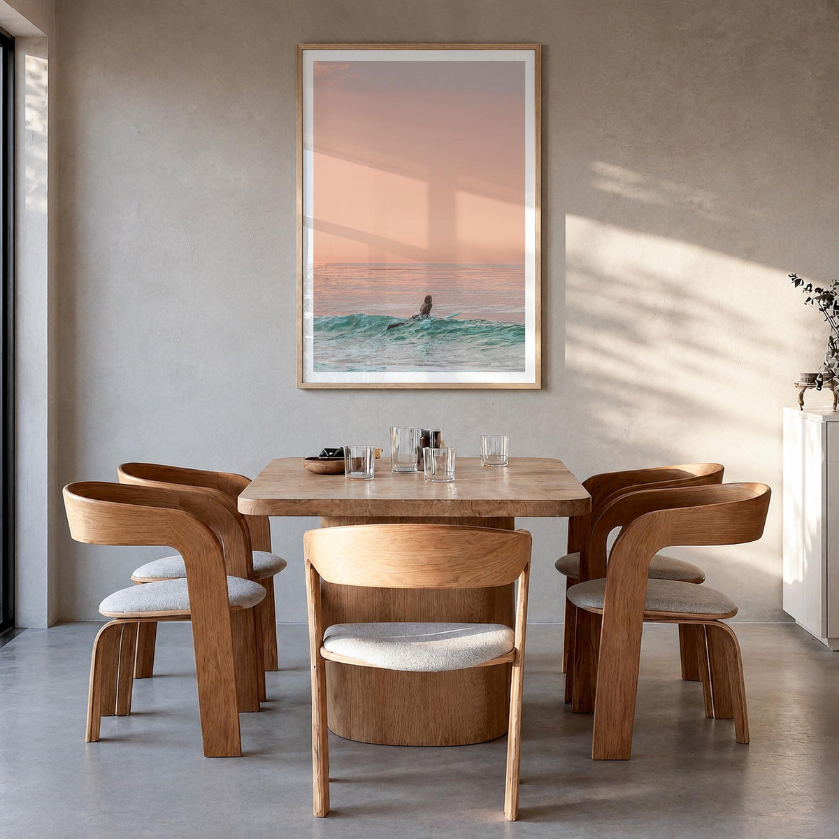 Surfer no. 1 colorful photo poster – vertical wall art in natural wood frame with white border, hanging on wall