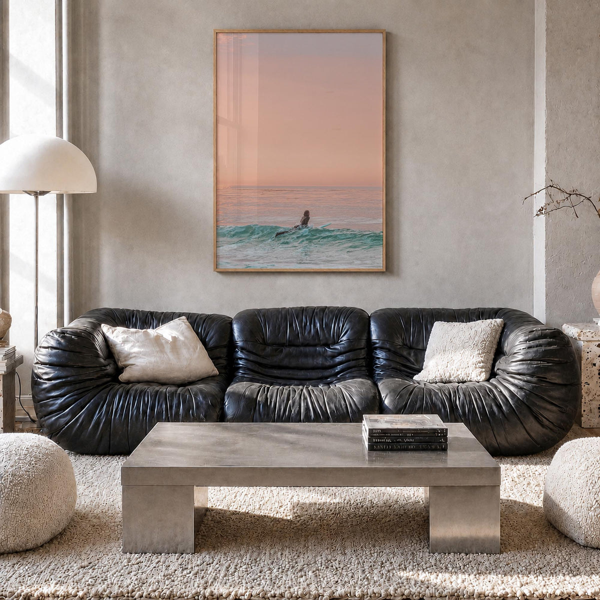 Surfer no. 1 colorful photo poster – vertical wall art in natural wood frame, hanging on wall