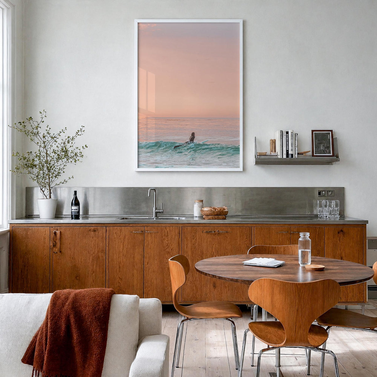 Surfer no. 1 colorful photo poster – vertical wall art in white wood frame, hanging on wall