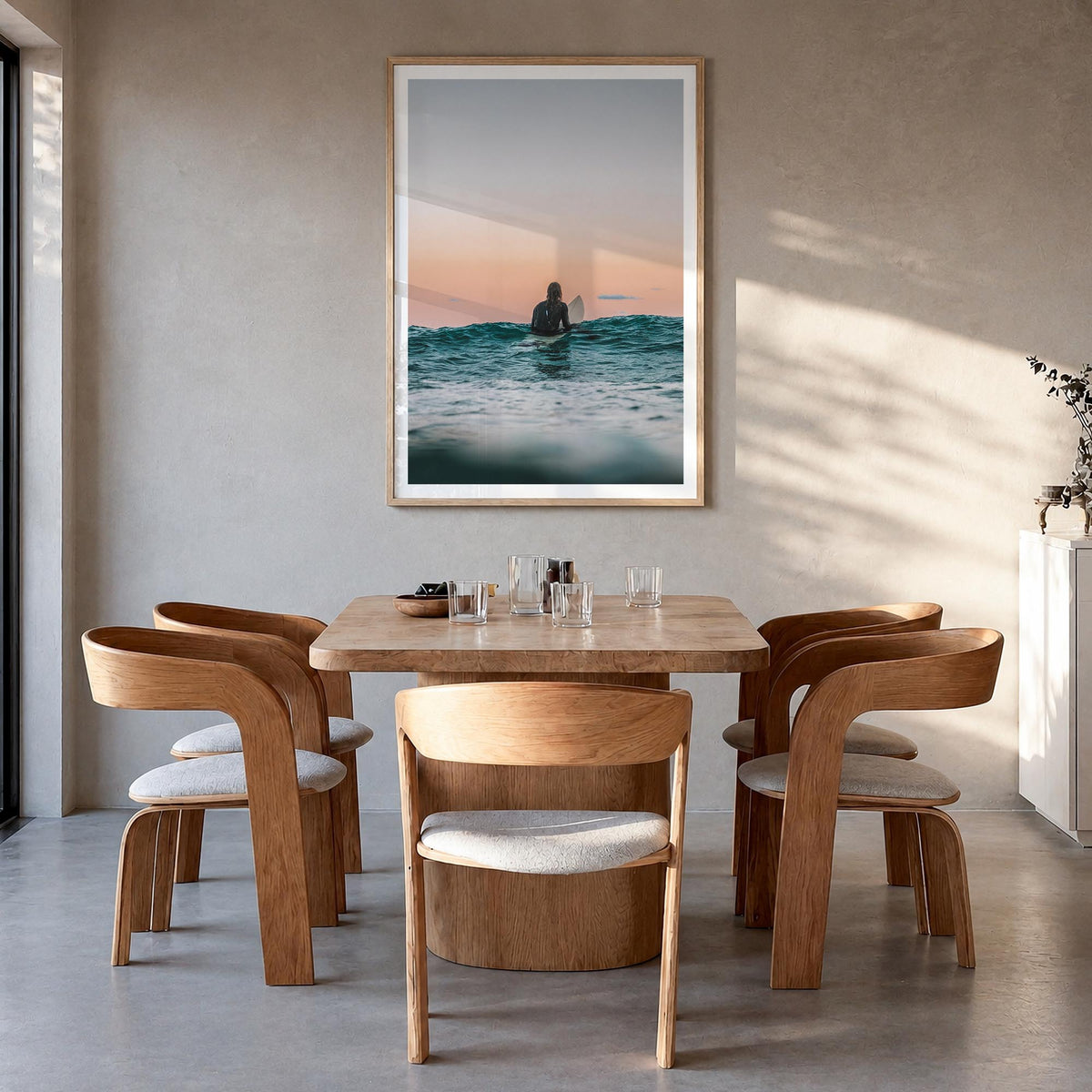 Surfer no. 3 colorful photo poster – vertical wall art in natural wood frame with white border, hanging on wall