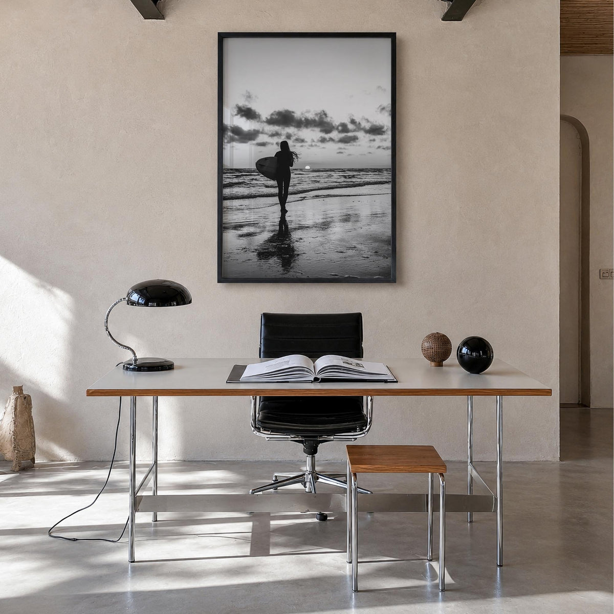 Surfer no. 4 black & white photo poster – vertical wall art in black wood frame, hanging on wall