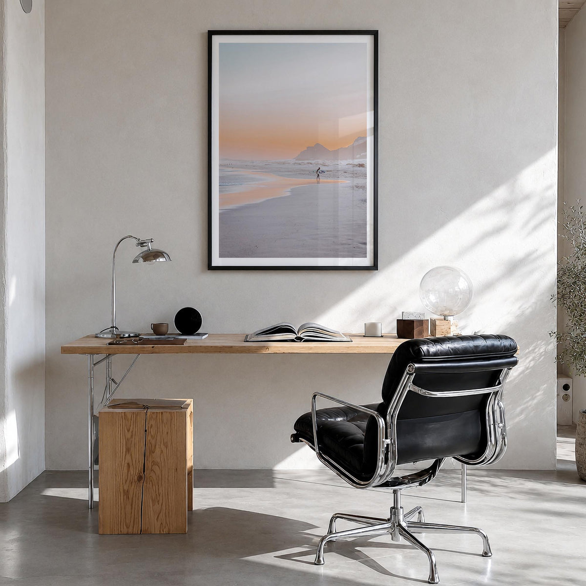 Surfer no. 4 colorful photo poster – vertical wall art in black wood frame with white border, hanging on wall