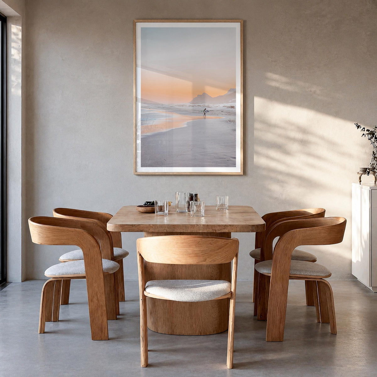 Surfer no. 4 colorful photo poster – vertical wall art in natural wood frame with white border, hanging on wall