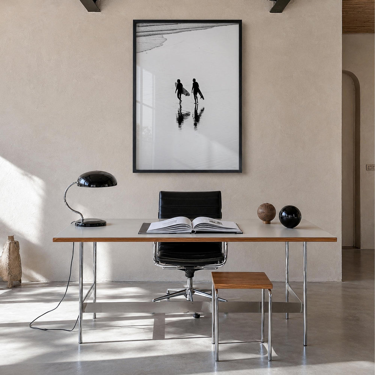 Surfer no. 6 black & white photo poster – vertical wall art in black wood frame, hanging on wall