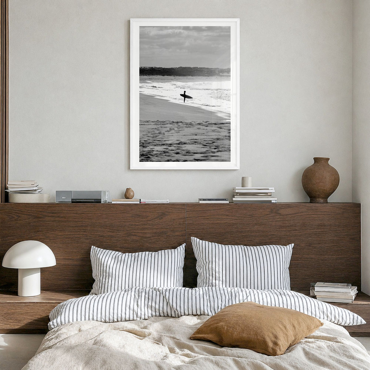 Surfer Photo No 3 Poster in a white wood frame, hanging in a bedroom, white border
