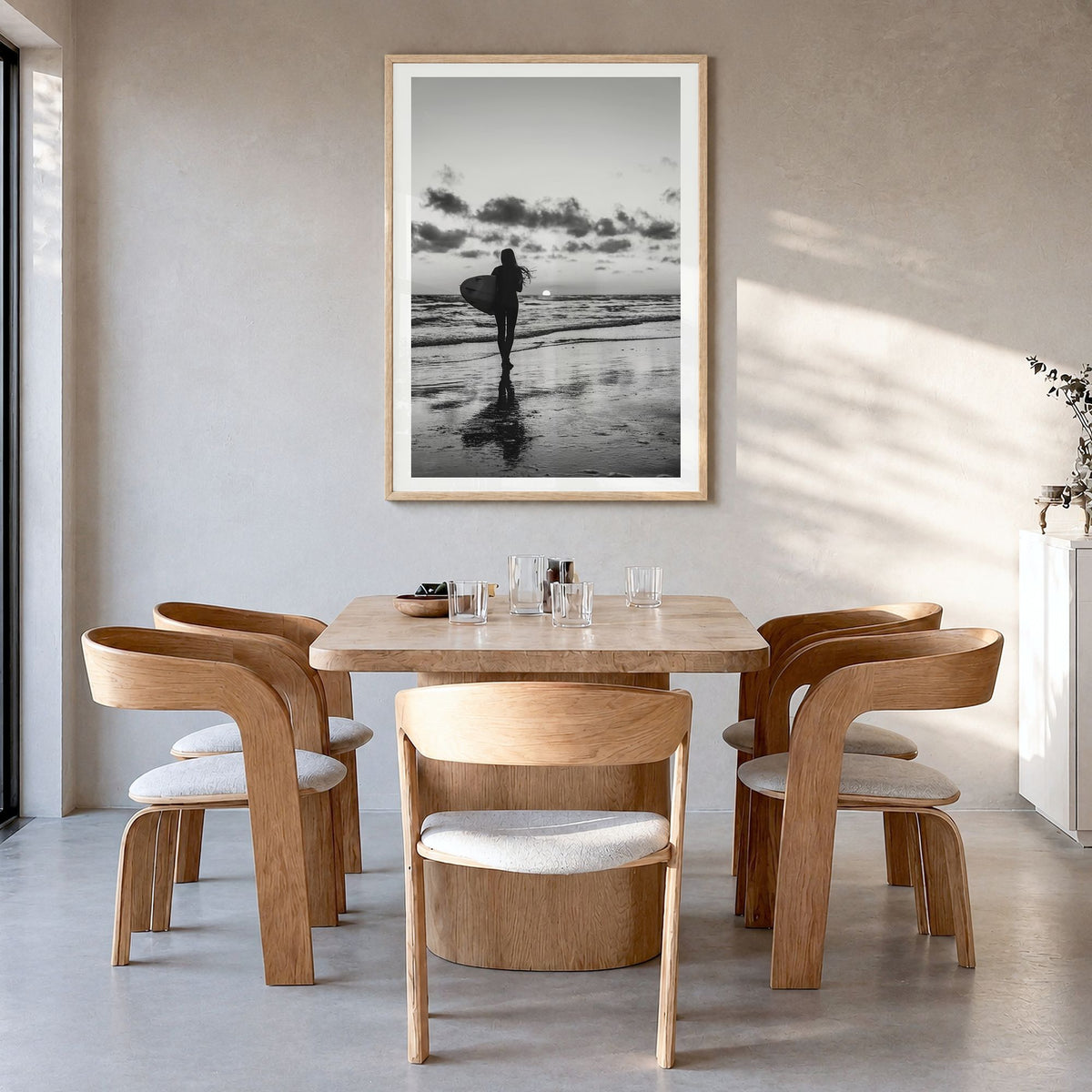 Surfer Photo No 4 Poster in a natural wood frame, hanging in a dining room, white border