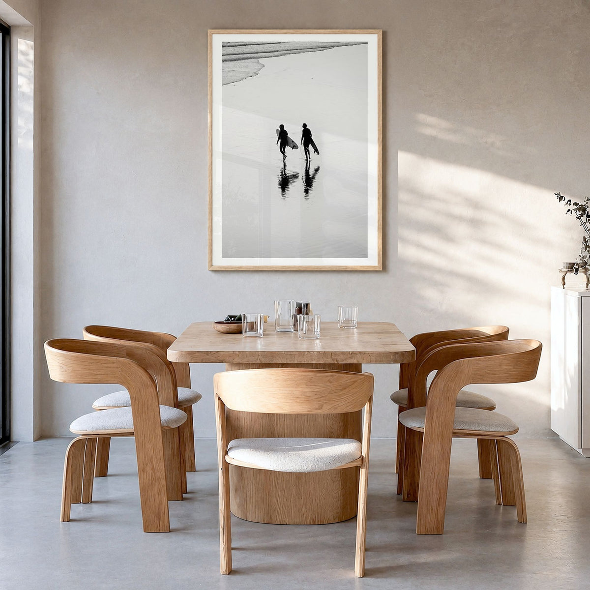 Surfer Photo No 6 Poster in a natural wood frame, hanging in a dining room, white border